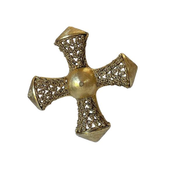 1980s Bold Textured & Brushed Gold Tone Plate Maltese Cross Oversized Pin Brooch - Picture 3 of 4